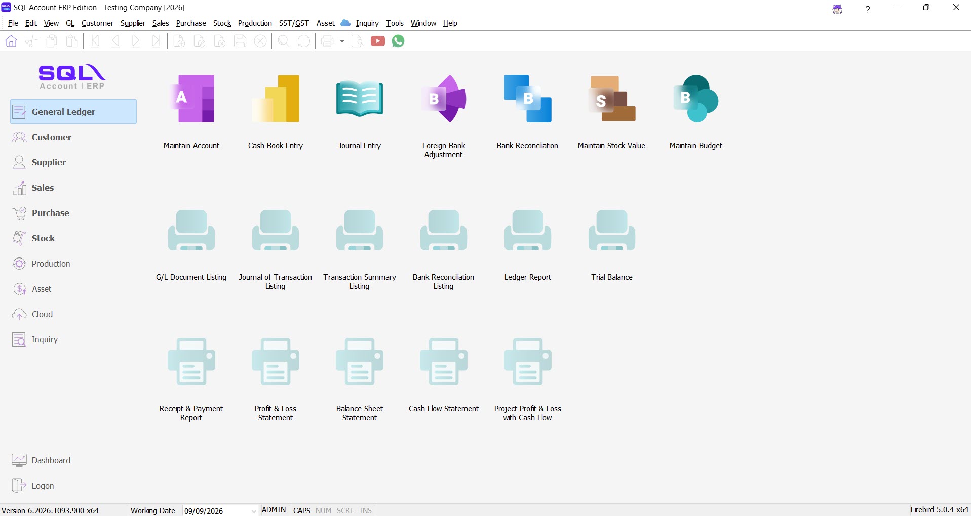 SQL Account ERP Edition General Ledger workspace in a testing company, version 6.2026.1093.900 x64